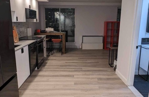 Shaughnessy Village Apartment | Sunny Downtown Montreal skyline view Crescent + Bell Centre 1 Br condo