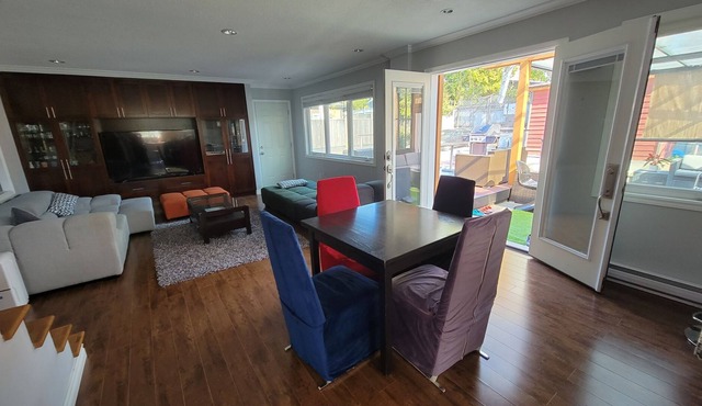 8 minute walk to skytrain Central Great covered outdoor seating with fire table.