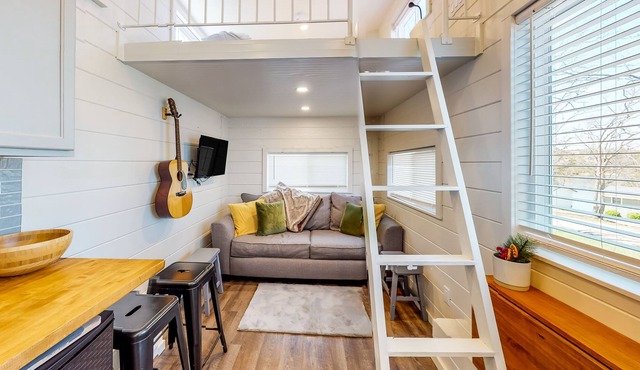 Contemporary tiny home with lake view, firepit, & gas grill