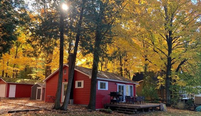 Cozy cabin on a river with an outdoor wood burning sauna and firepit