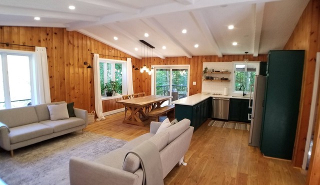 Modern rustic chalet nestled in the woods
