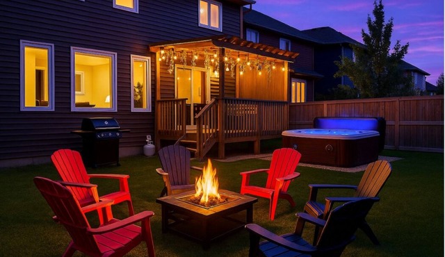 Outdoor Oasis-Hottub-BBQ-Firetable-AC-KingBd-85"TV