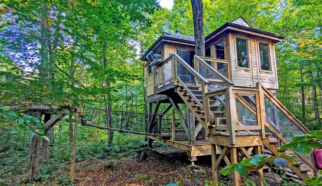 Perched treehouse built around a tree, bridge and deck | Lodging #12